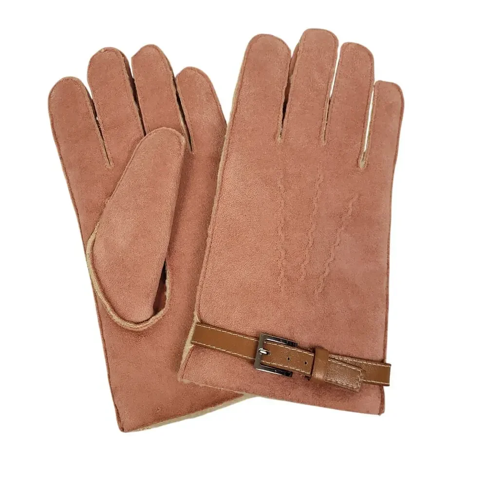 Talbots Womens Faux Suede Driving Gloves Sz S/M Sherpa Lined Belted Pink